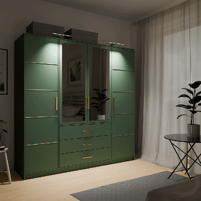 Wardrobe BALI D4 in green with double LED lights in cosy bedroom.