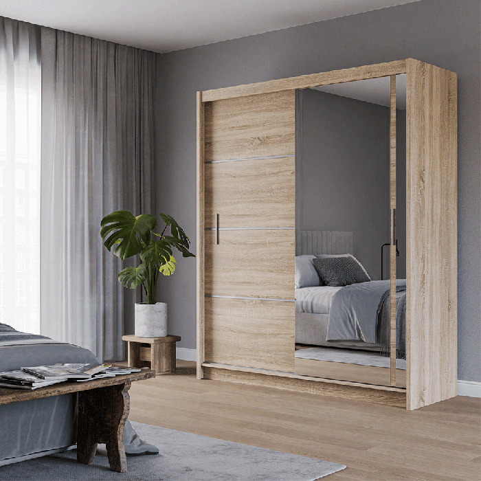 The sliding door VISTA 180cm oak sonoma with mirrored door in a cosy bedroom.