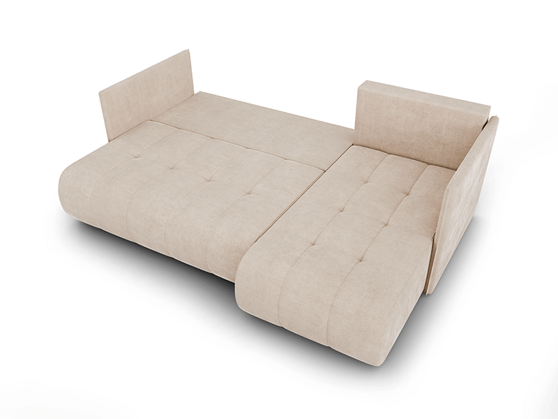 The beige unfolded corner sofa NESSA presenting sleeping area.