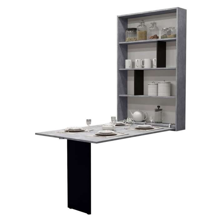 Unfoldable Table AMLAN - Concrete / Black unfolded