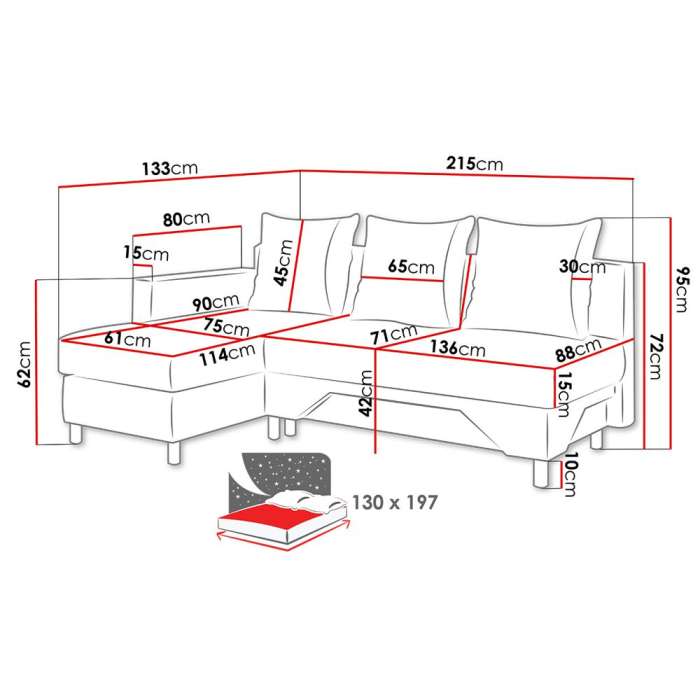 Diagram of Corner sofa bed TIMMY with dimensions