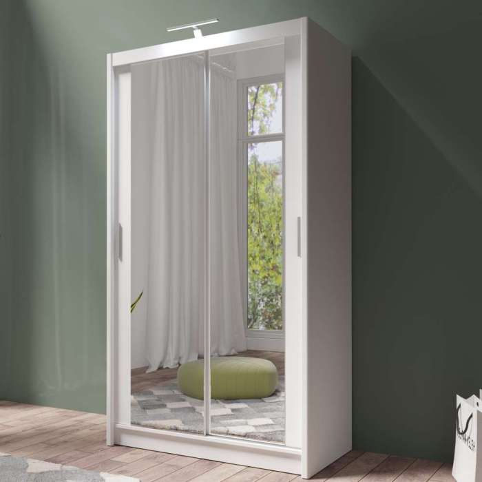 PARIS 120cm white sliding door wardrobe with full-length mirrors, in a bedroom