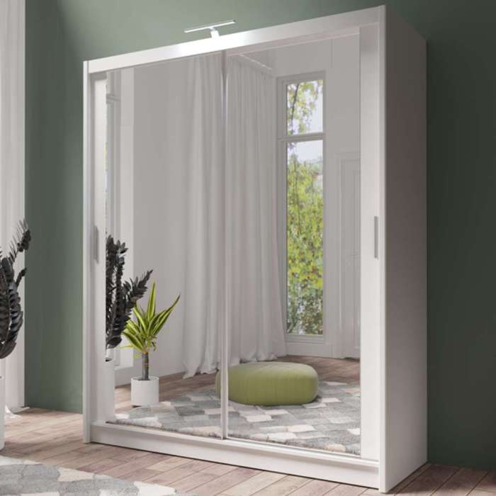 PARIS 180cm white sliding door wardrobe with full-length mirrors, in a bedroom