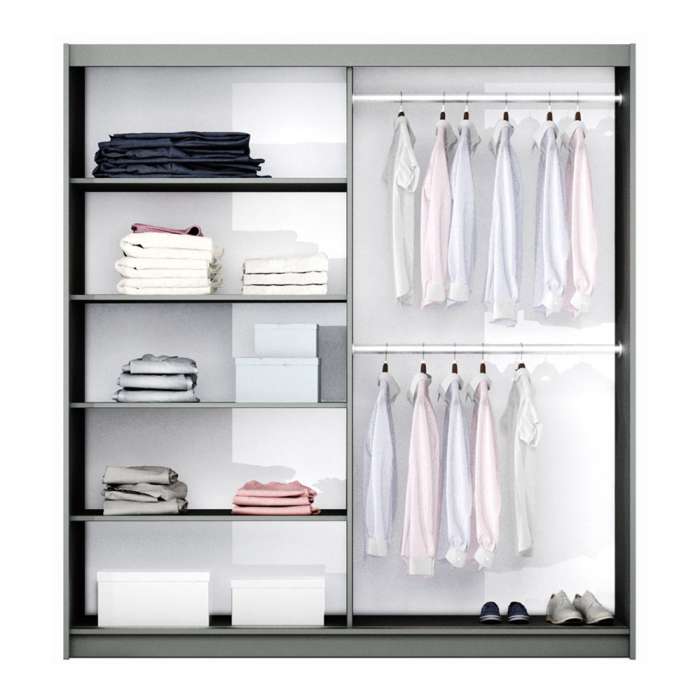 The interior of the SANTIAGO 200cm wardrobe presenting 2 hanging rails and 4 shelves. 