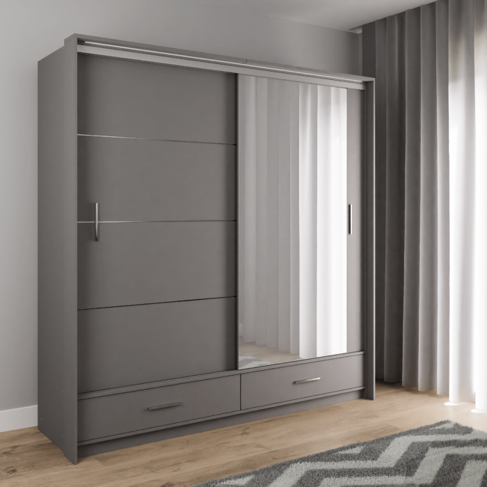 The sliding door wardrobe MARSYLIA 208cm graphite with mirrored door in a bedroom.