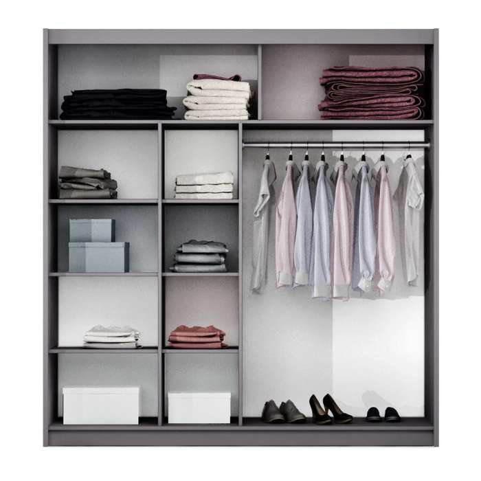 The interior of TURYN 203cm wardrobe with 8 shelves and a hanging rail