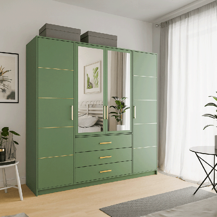 The BALI D4 wardrobe in green in a modern living room.