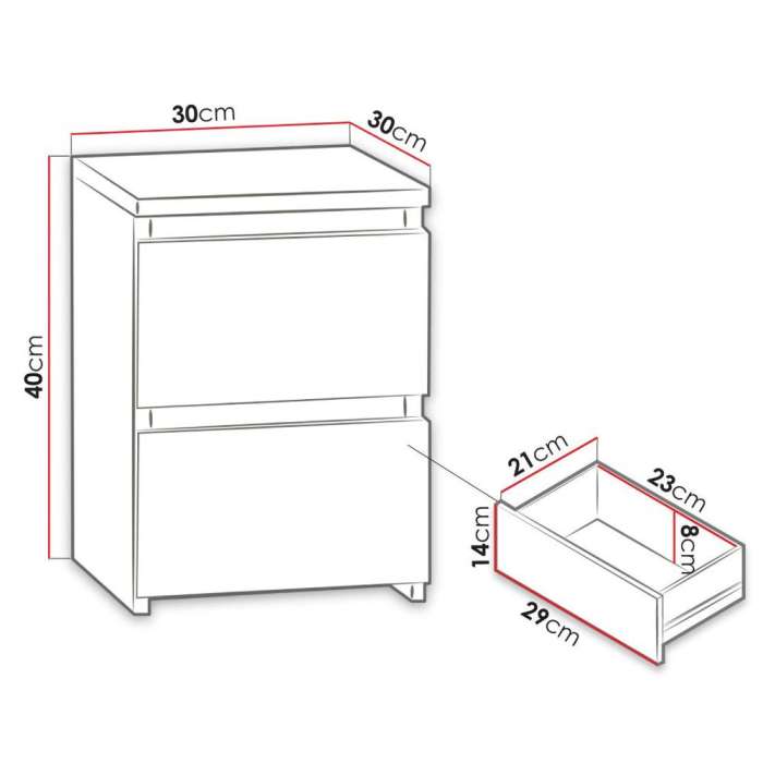 Diagram of bedside table MOLAMA W2 with dimensions