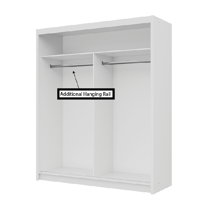 The interior of the VISTA 180cm wardrobe presenting a different configuration of 2 hanging rails and 1 top shelf.