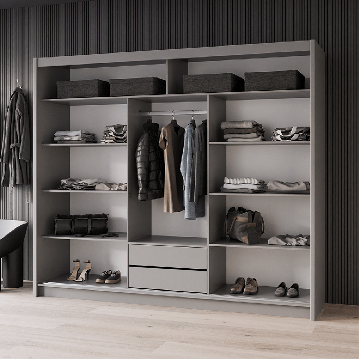 The interior of the BATUMI 250cm wardrobe presenting 1 hanging rail, 8 shelves and 2 drawers 