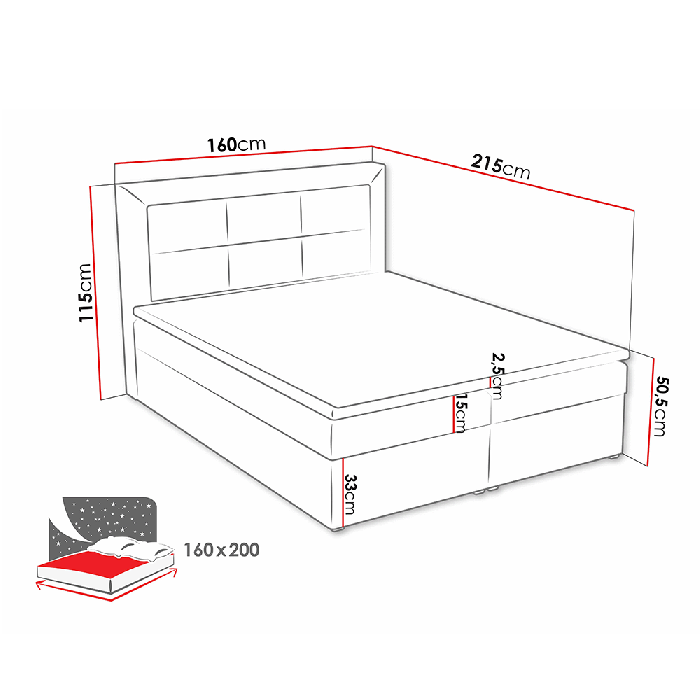 Diagram of continental Bed CLAVIC BOX with dimensions