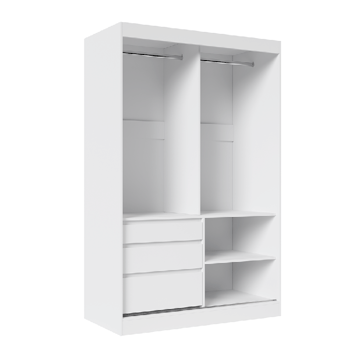 The interior of the HAIDAR 140 white wardrobe presenting 2 hanging rails, 2 shelves, and 3 drawers