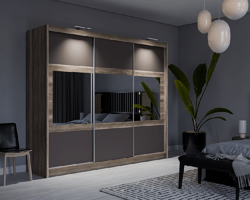 The sliding door wardrobe SALWADOR 250cm oak canyon + lava with horizontal mirrors on doors and LED light in a cosy bedroom