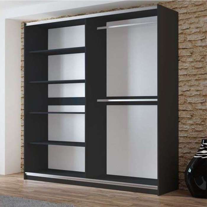 The interior of the VIGO 200cm wardrobe presenting 4 shelves on left, 2 hanging rails on the right