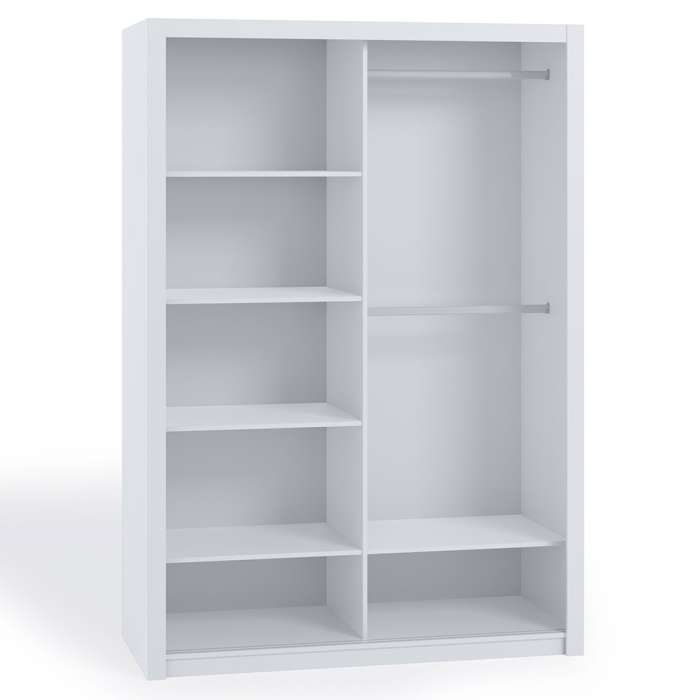 The interior of the BONITO 150cm wardrobe presenting 2 hanging rails and 5 shelves. 