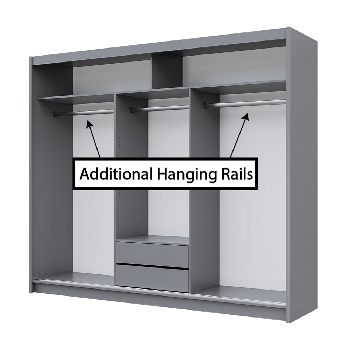 The interior of the BATUMI 250cm wardrobe presenting where the 2 additional hanging rails can go, with another hanging rail, 2 shelves and 2 drawers