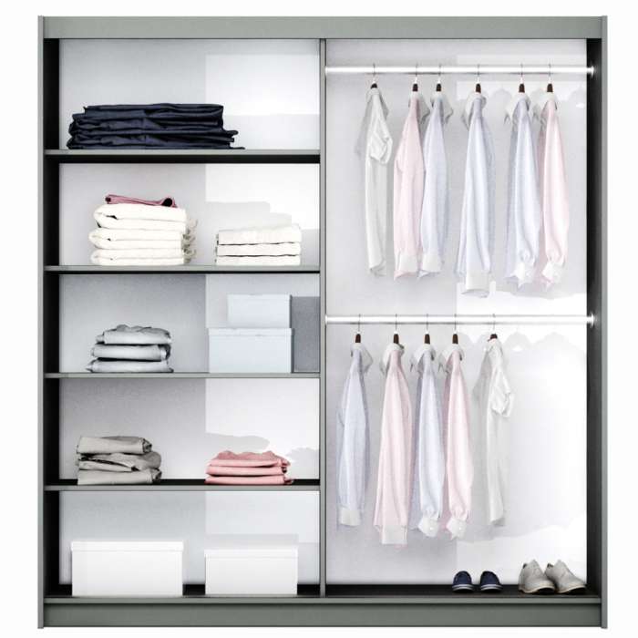 The interior of the BASTIA 150cm wardrobe presenting 2 hanging rails and 4 shelves. 