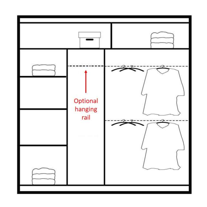 Diagram of the interior of TURYN 203cm wardrobe presenting 5 shelves and 3 hanging rails