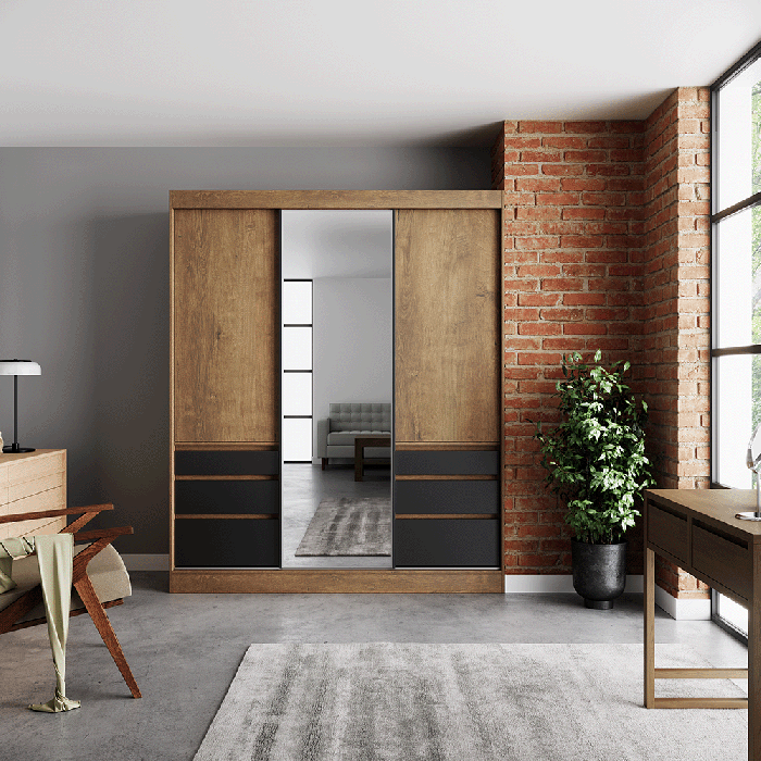 The sliding door wardrobe HAIDAR 180 oak lefkas / black with mirrored door in a cosy bedroom.