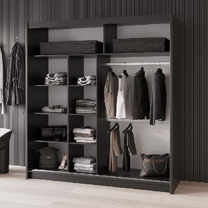 The interior of the VISTA 203cm wardrobe black presenting 2 hanging rails and 8 shelves. 