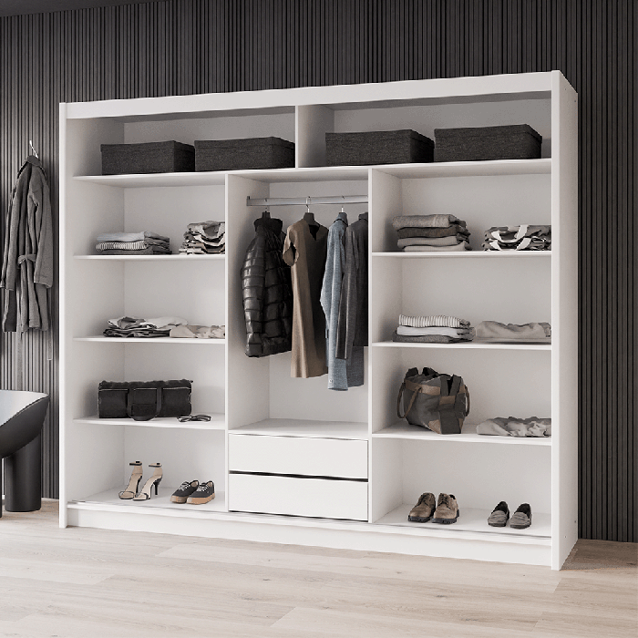 The interior of the PRESTON 250cm wardrobe white presenting 1 hanging rail, 8 shelves and 2 drawers