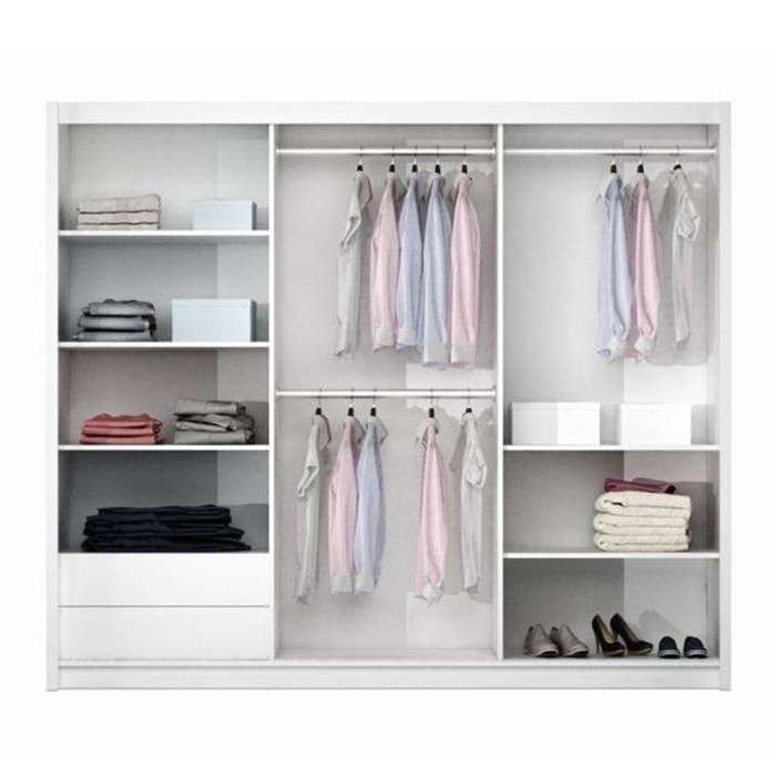 The interior of the VIGO 250cm wardrobe presenting 5 shelves, 3 hanging rails and 2 drawers