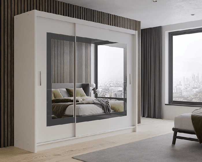The sliding door PRESTON 250cm white with mirrored doors in a cosy bedroom.