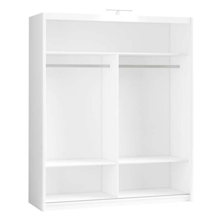 The interior of the PARIS 180cm wardrobe presenting a different configuration of 2 hanging rails and 3 shelves