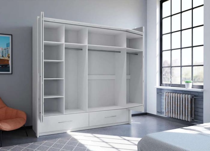 The interior of the TOLEDO 210 wardrobe white presenting 6 shelves, 2 hanging rails, and 2 exterior drawers with the bi-folding doors, 