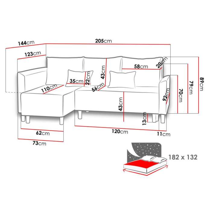 diagram of corner sofa bed BEAST with dimensions