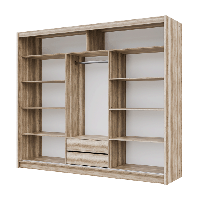 Diagram of the interior of SALWADOR 250cm with 8 shelves, 1 hanging rail, and 2 drawers