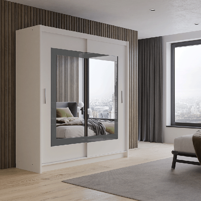 The sliding door PRESTON 203cm white with mirrored doors in a cosy bedroom.