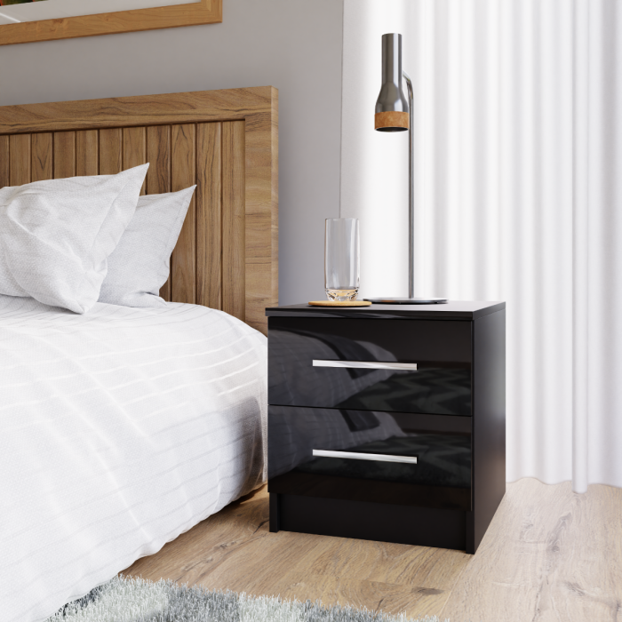 The MARSYLIA bedside table in black gloss in a nice bedroom.