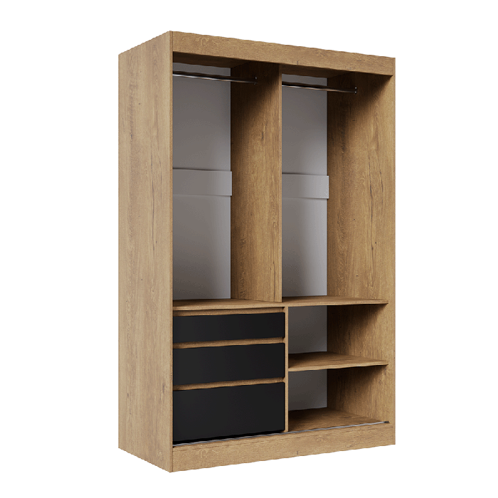 The interior of the HAIDAR 140 oak / black wardrobe presenting 2 hanging rails, 2 shelves, and 3 drawers