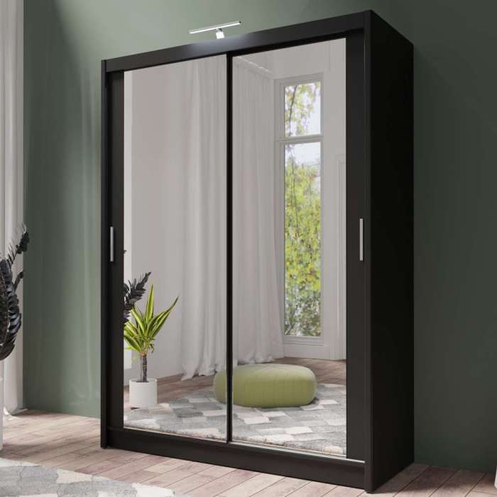 PARIS 160cm black sliding door wardrobe with full-length mirrors, in a bedroom