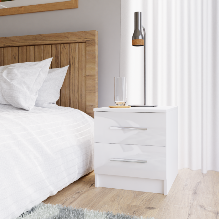 The MARSYLIA bedside table in white gloss in a nice bedroom.