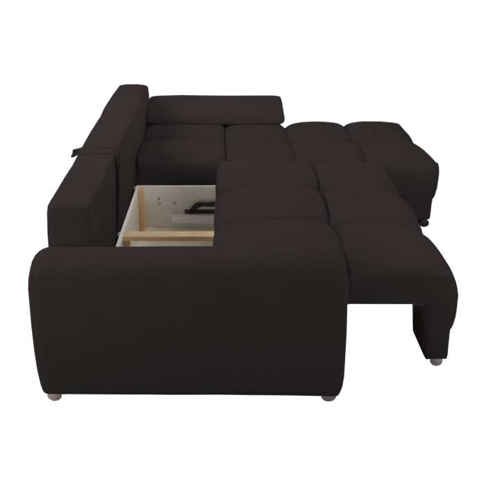 The corner sofa bed AZZURO BIS in black presenting a storage container.