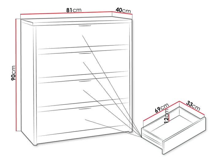 Diagram of chest of drawers DENERIO with dimensions