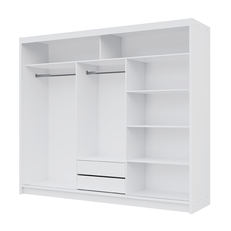 The interior of the MONAKO 250cm wardrobe presenting 5 shelves, 2 hanging rails and 2 drawers