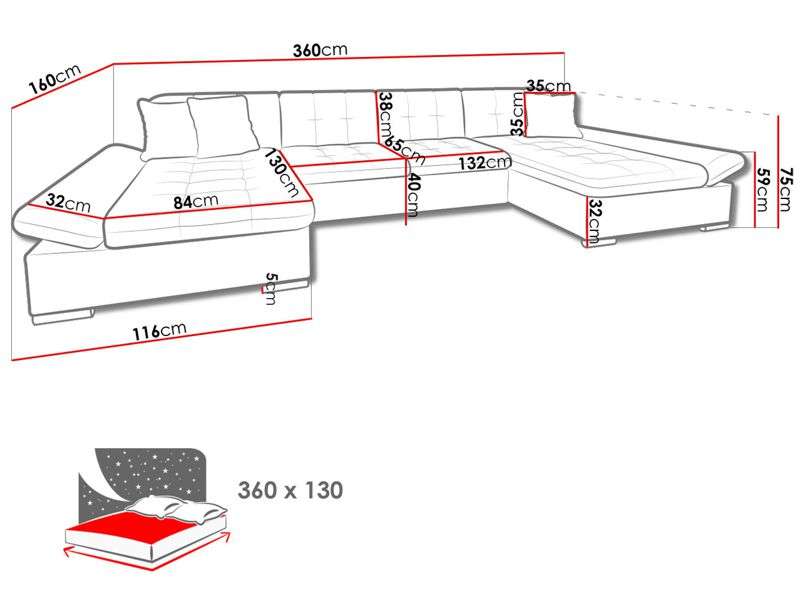 Diagram of Corner Sofa Bed ALICE with dimensions