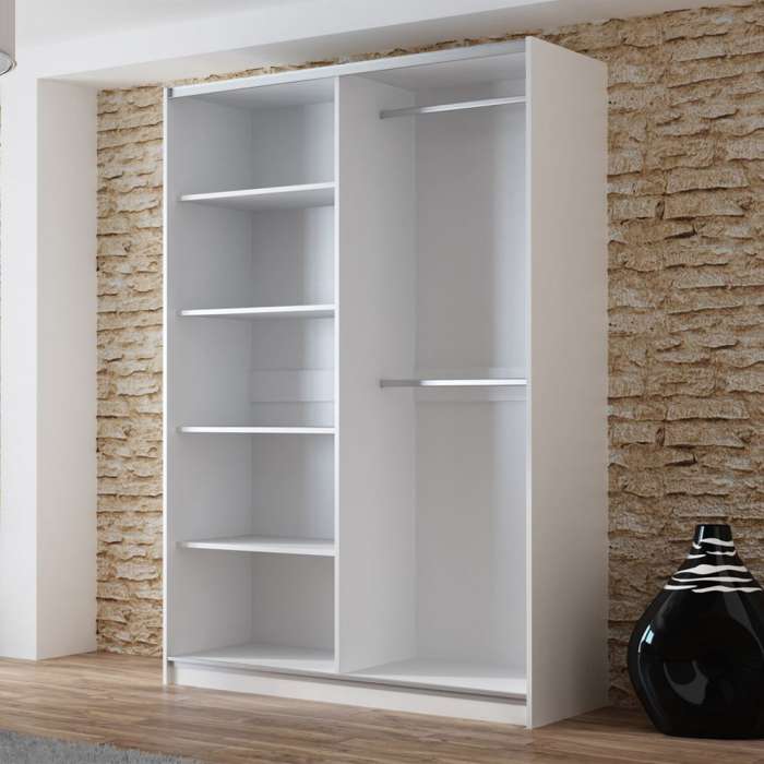 The interior of the VIGO 150cm wardrobe presenting 4 shelves on left, 2 hanging rails on the right