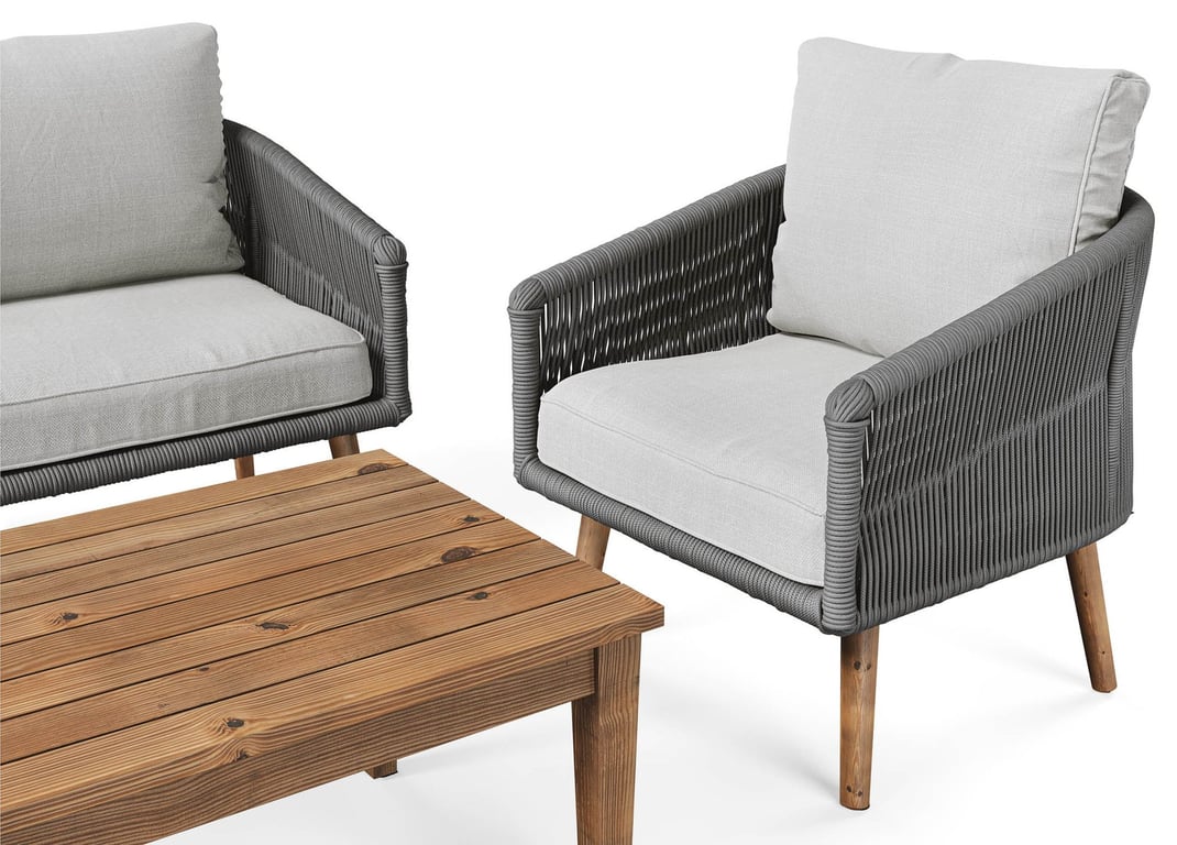 Close up of the table and chair from Garden Furniture Set METARE Grey / Light Grey