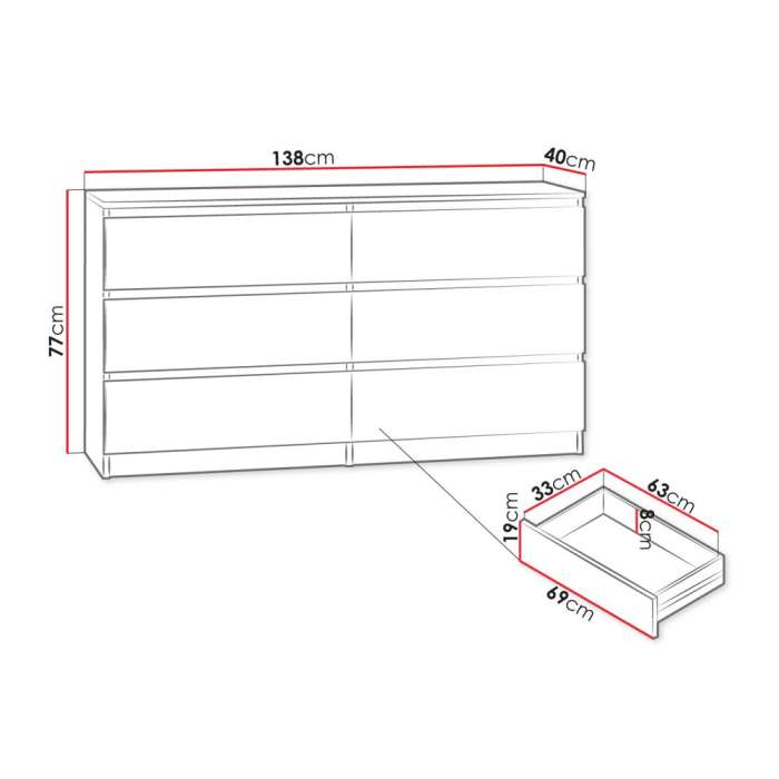 Diagram of Chest of Drawers MOLAMA M6 140 showing dimensions