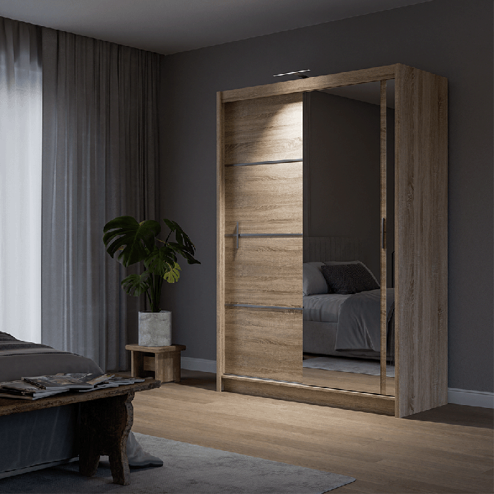 The sliding door VISTA 150cm oak sonoma displaying the LED in a cosy bedroom.