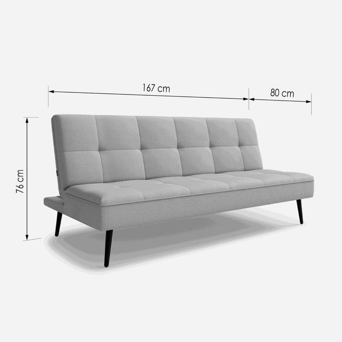 The RONNIE sofa bed in grey with dimensions.