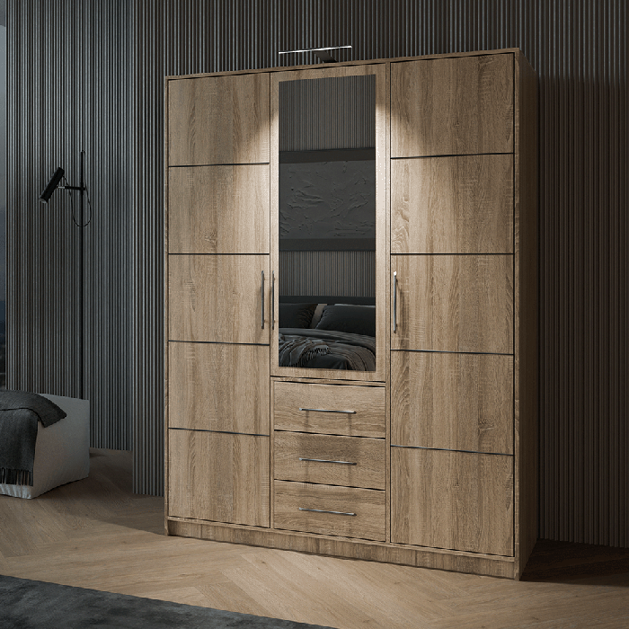 wardrobe BALI D3 in oak sonoma with additional LED light in cosy bedroom.