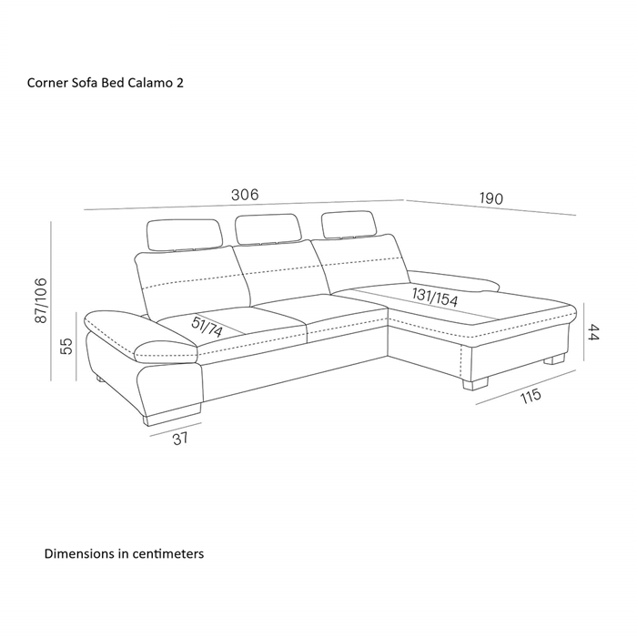 Diagram of corner sofa bed CALAMO 2 showing dimensions