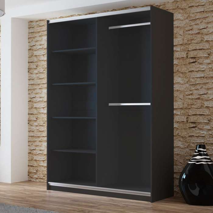 The interior of the VIGO 150cm wardrobe presenting 4 shelves on left, 2 hanging rails on the right