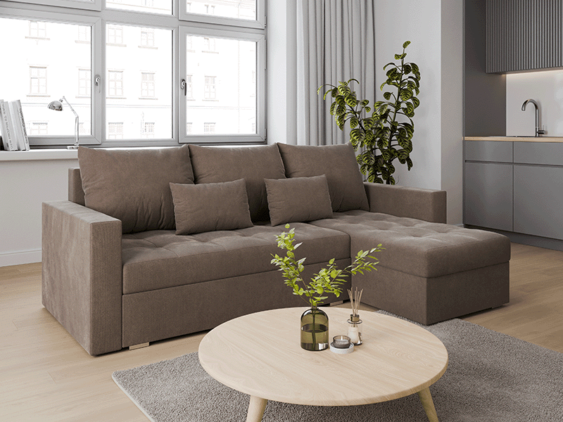 Folded corner sofa bed FOSTER taupe, right corner in beautiful and cosy living room.