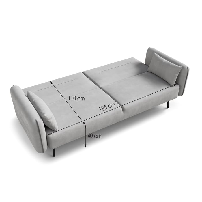 Sofa Bed YASMINE showing sleeping function with dimensions